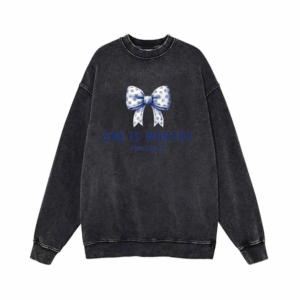 Blue Bow She Is Worthy Vintage Washed Sweatshirt