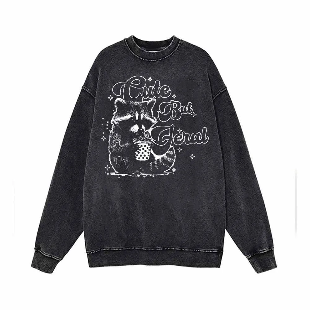 Cute But Feral Raccoon Funny Vintage Washed Sweatshirt