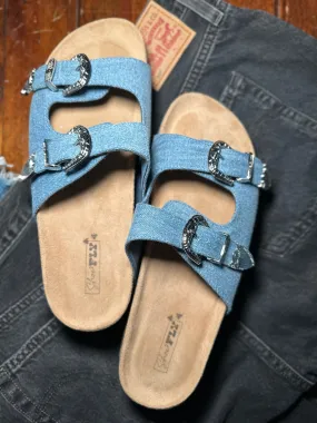 Denim platform slides with western studs and buckles