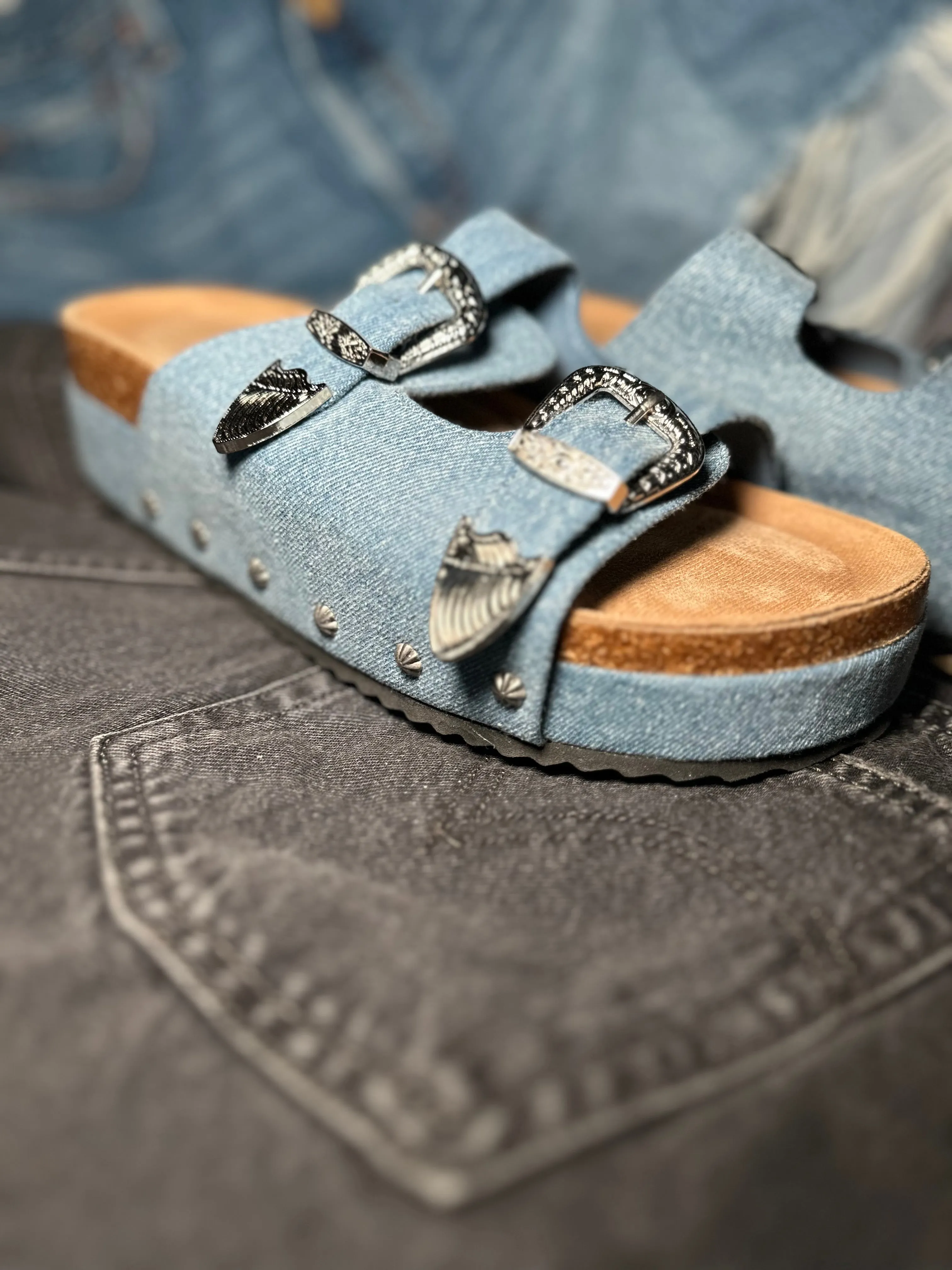 Denim platform slides with western studs and buckles