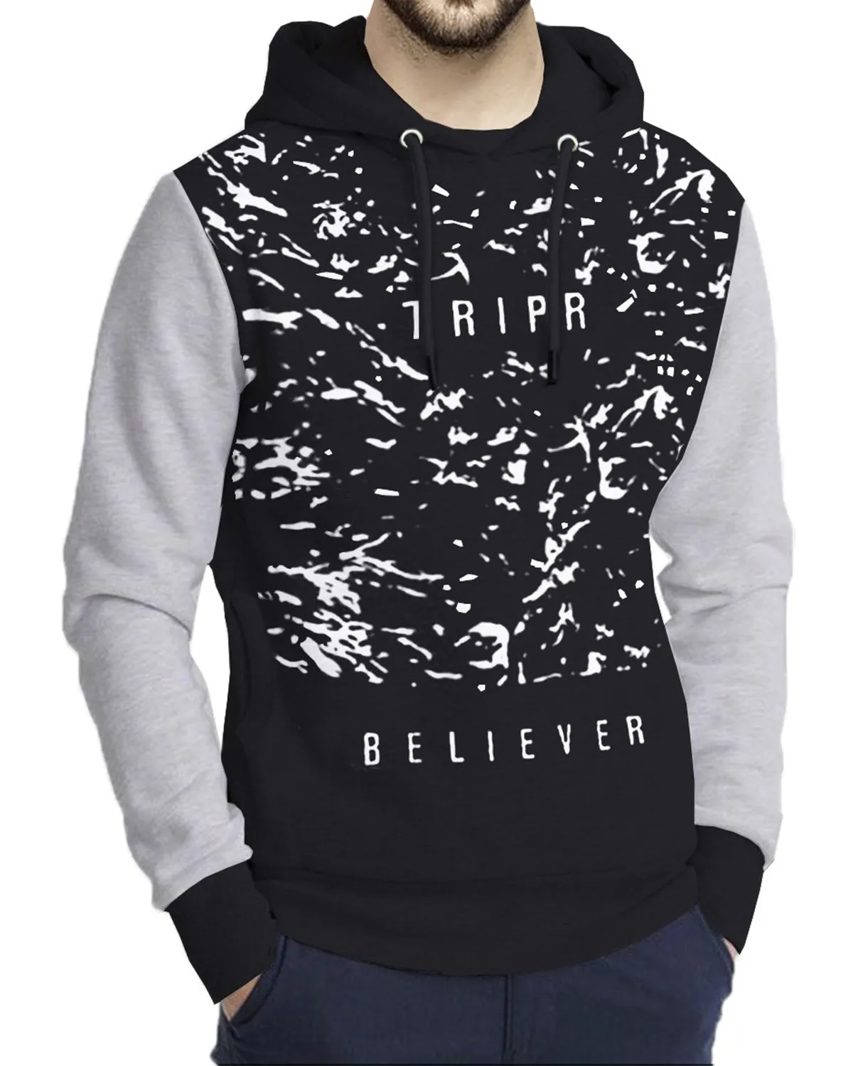 Men Black Grey Printed Hooded Sweatshirt