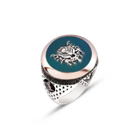 Ottoman Coat of Arms on Green Agate Stone Circle Silver Men’s Ring Siding Zircons and Teardrop Pattern and Ottoman Tughra