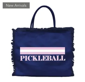 Pickleball- Linen fringe tote available in navy or white